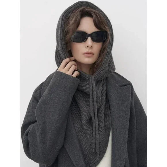 Women Light Gray Hooded Scarf Winter Beanie Hats Beanies Knitted Crochet Hat - Picture 7 of 7